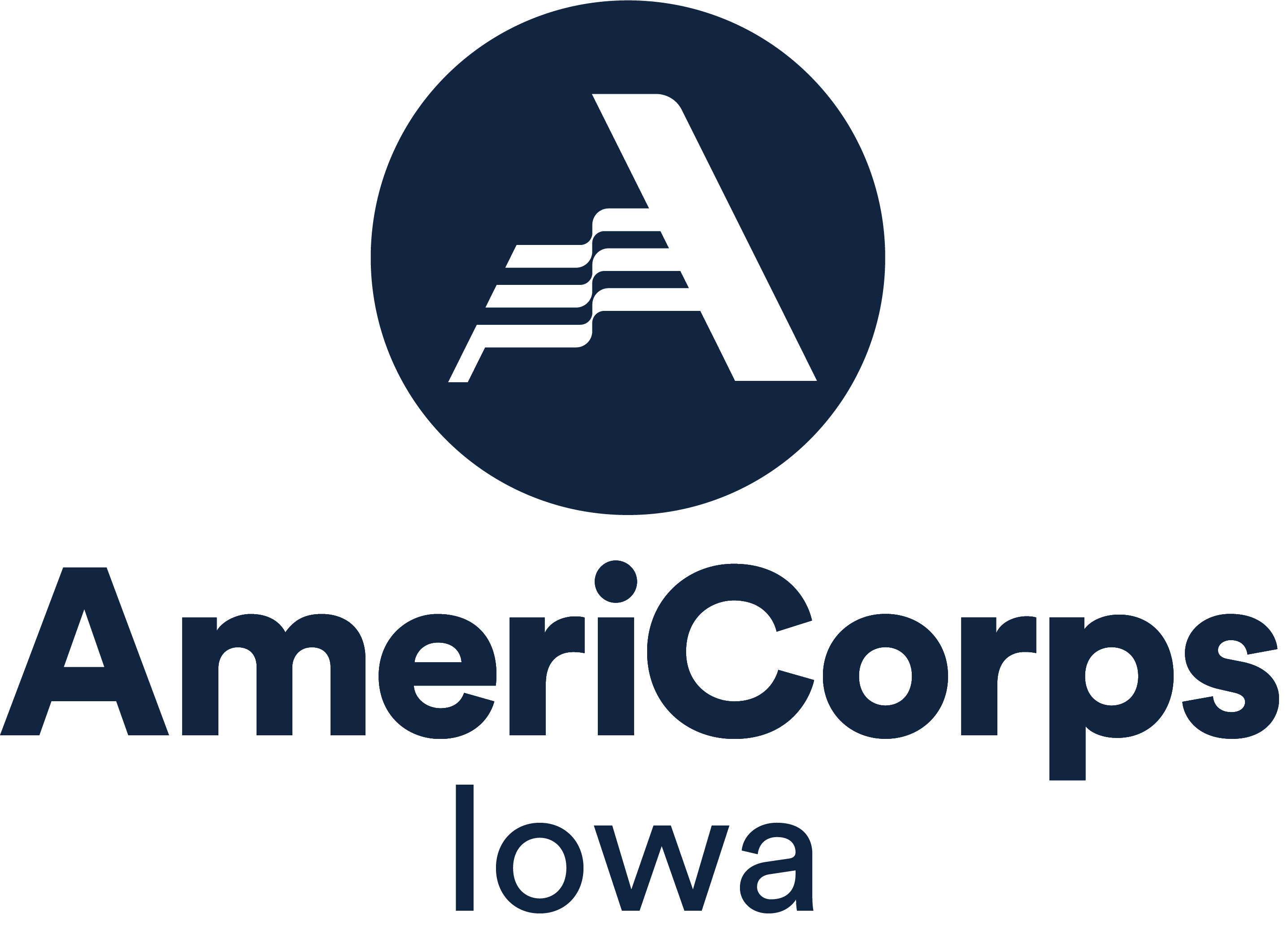 AmeriCorps Iowa logo with navy blue circle and white A in center