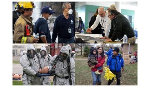 Collage of Emergency Response situations -- workers responding with community members