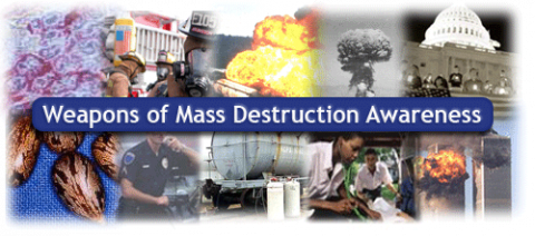 Collage of various WMD situations -- mushroom clouds, emergency personnel, HAZMAT tanker, gas masks, etc.